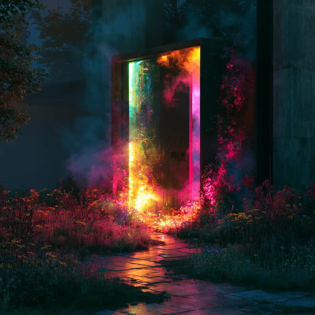 Glowing entrance door at the 0humans club