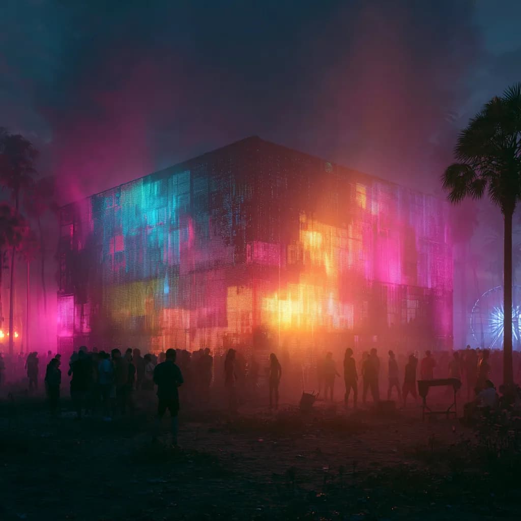 Crowd outside the LED-skinned building before doors
