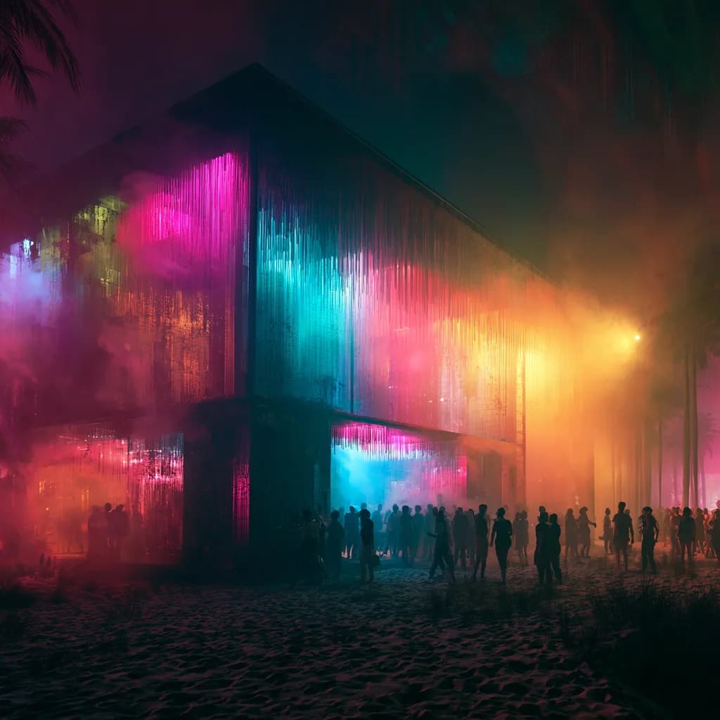 Exterior LED facade lit at night during a brand takeover