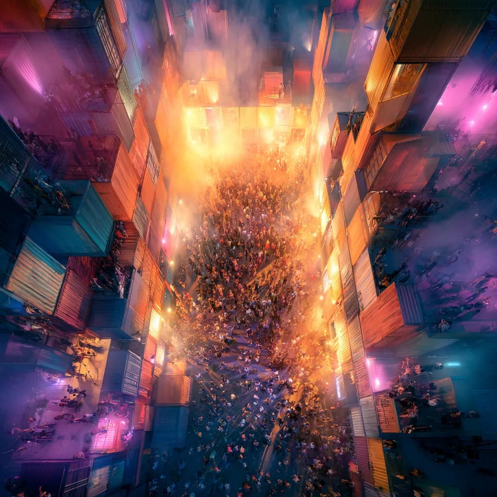 Aerial view of the Nibiru promenade at night